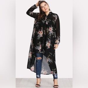SHEIN Sheer Black Long Sleeve Floral Long Blouse